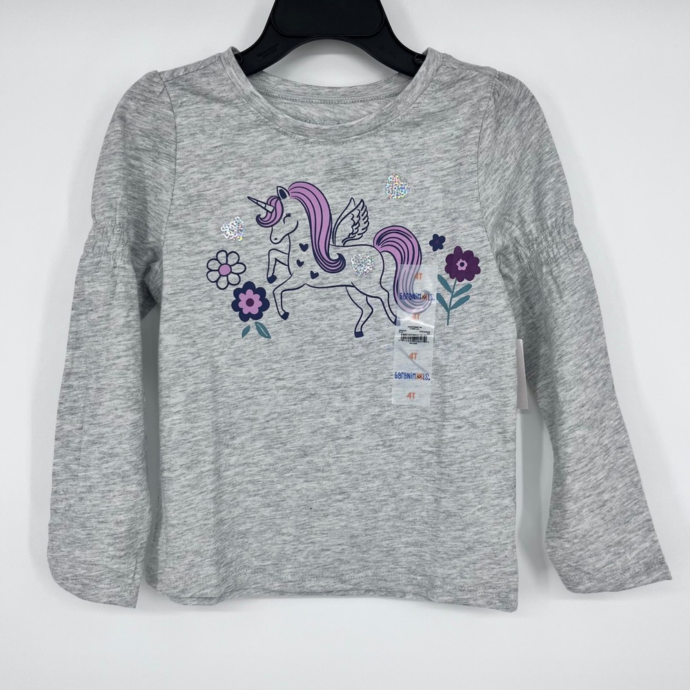 Unicorn Long Sleeve Tee Girls 4T Grey Sequin Floral Whimsical‎ Garanimals